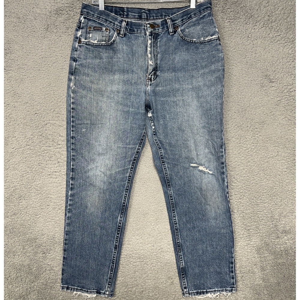 VTG Lee Riders Jeans Womens Sz 32 x 27 Blue Denim Wash Straight Leg Distress 90s
